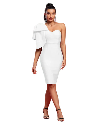 MOIRA One-Shoulder Bow Cocktail Dress WHITE
