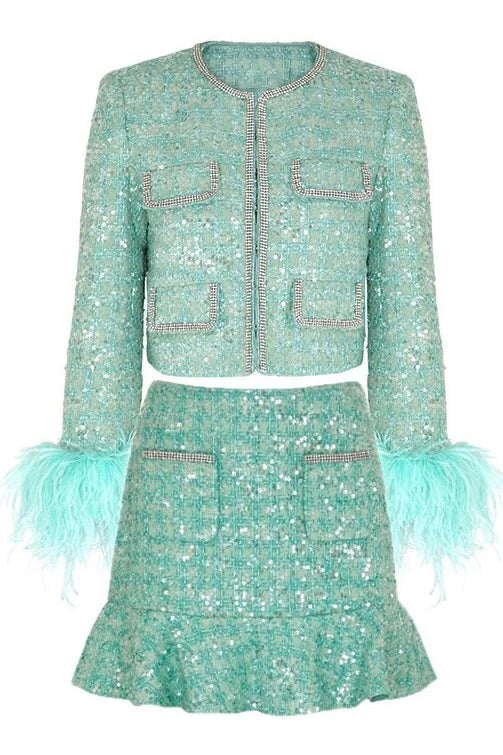 NIEVES Sequins Feathers Bodycon Set