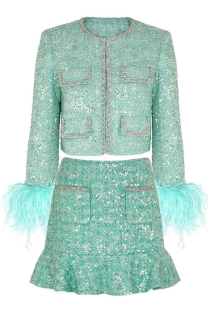NIEVES Sequins Feathers Bodycon Set