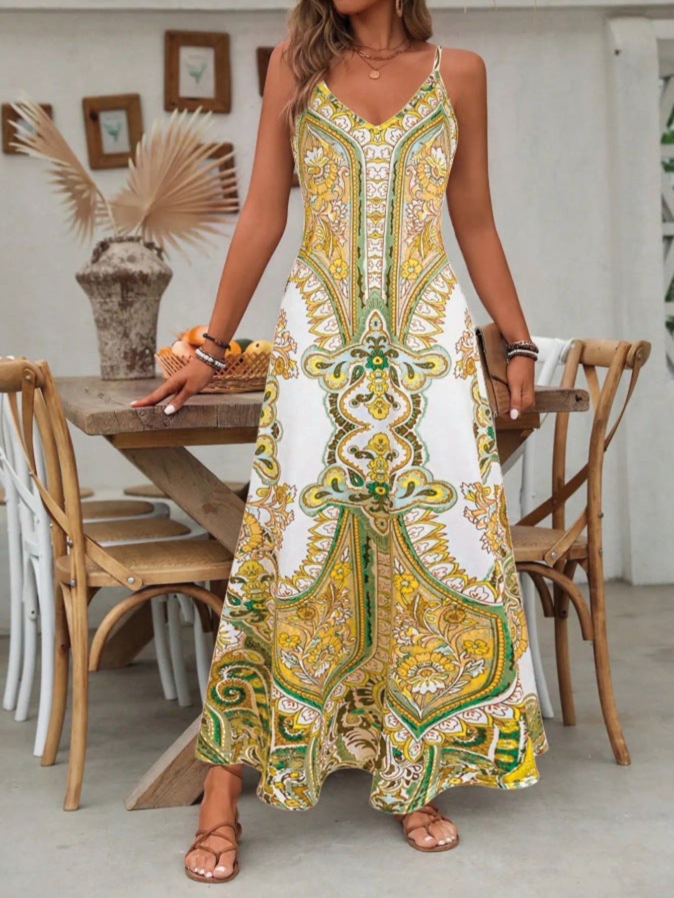 Indira | Women's Boho Paisley Maxi Dress Spaghetti Strap V-Neck