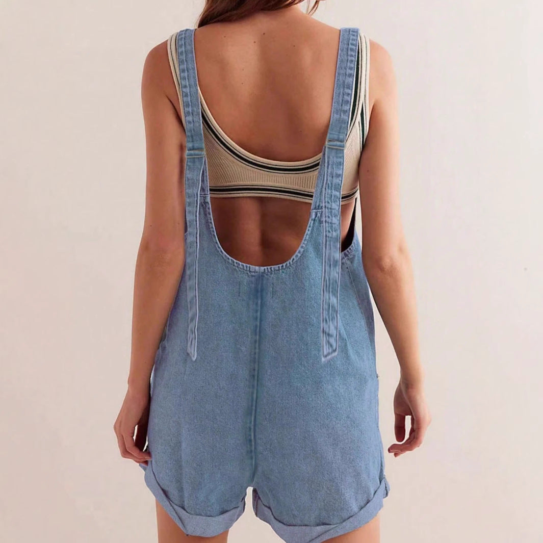 Riley | Women's Sleeveless Denim Romper with Pockets