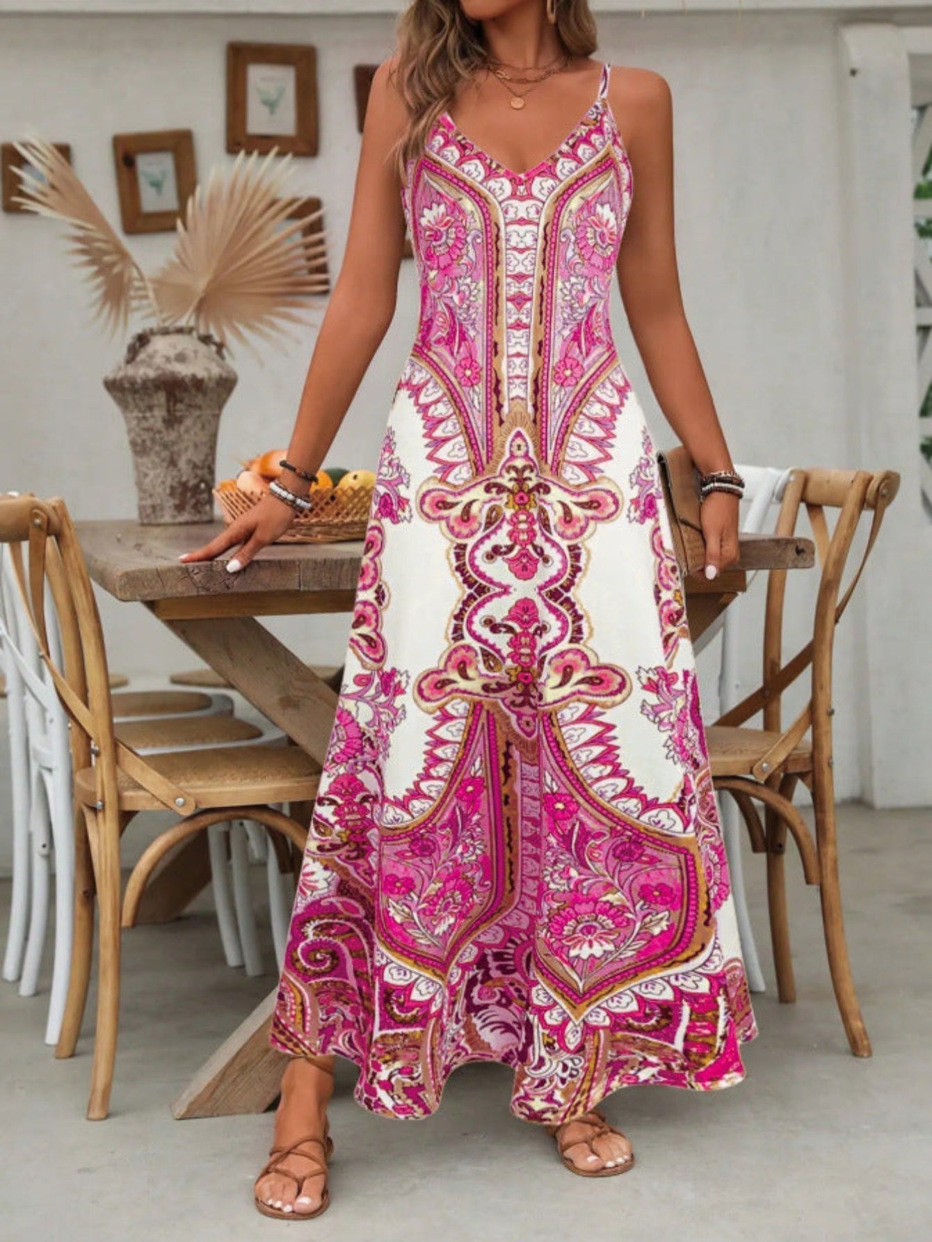 Indira | Women's Boho Paisley Maxi Dress Spaghetti Strap V-Neck