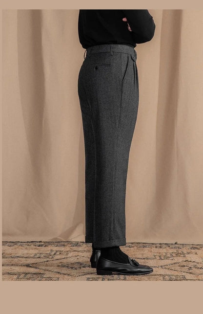Men High-Waisted Woolen Pants | Herringbone | Italian Vintage Pants | Suit Pants | Warm | Straight Fit