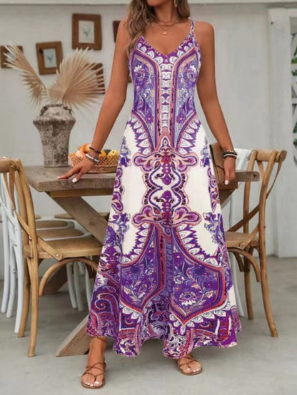 Indira | Women's Boho Paisley Maxi Dress Spaghetti Strap V-Neck