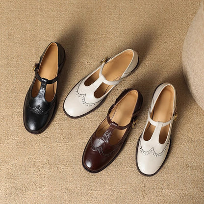Nadine | Women's Leather T-Strap Mary Jane Shoes Low Block Heel