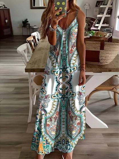 Indira | Women's Boho Paisley Maxi Dress Spaghetti Strap V-Neck