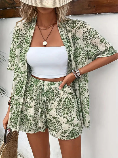 Clea | Women's Floral Kimono Cardigan and Shorts Two Piece Set