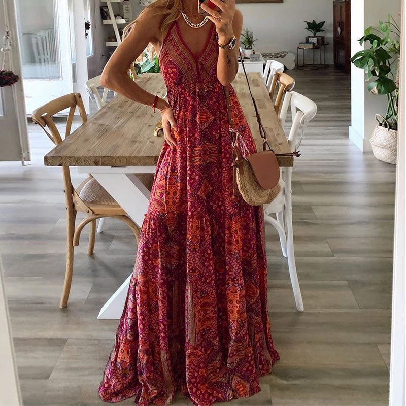 Colette | Women's V Neck Boho Flowy Draped Maxi Dress