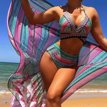 Ibiza | Women's Boho Bikini Set 3 Piece High Waist with Cover Up