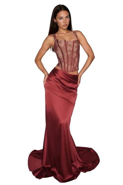 OLESYA Burgundy Satin Maxi Skirt Set | Lace Corset Evening Set