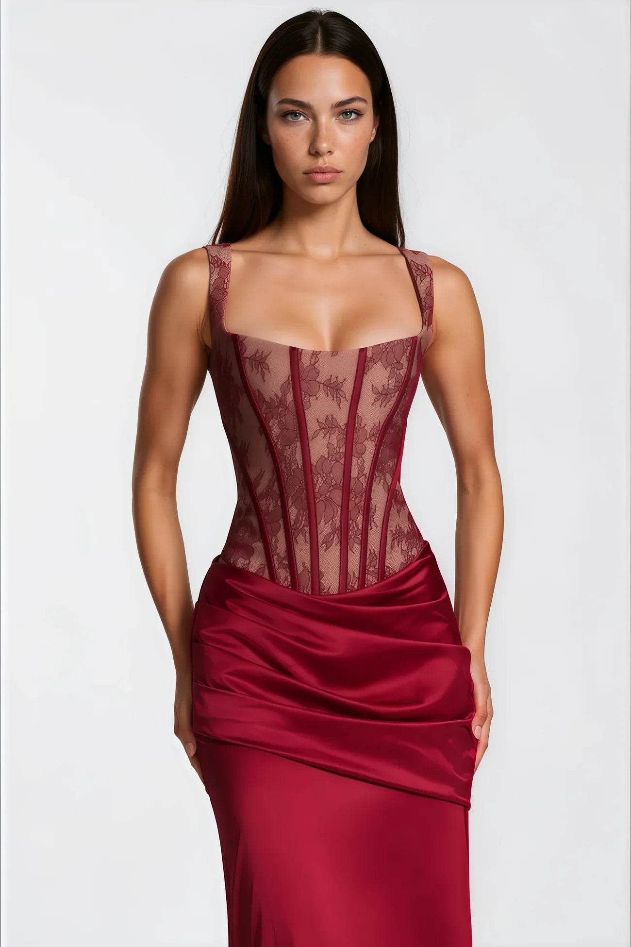 OLESYA Burgundy Satin Maxi Skirt Set | Lace Corset Evening Set