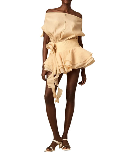PARI FLORAL-APPLIQUÉ FLOUNCED MINI DRESS
