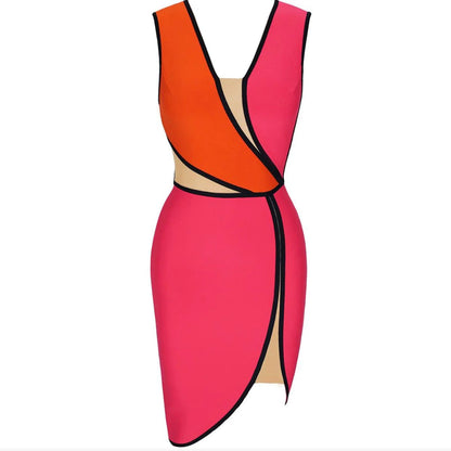 NEXT DAY DELIVERY ALANIS Rose Striped Mesh Mini Sleeveless V Neck Bandage Dress