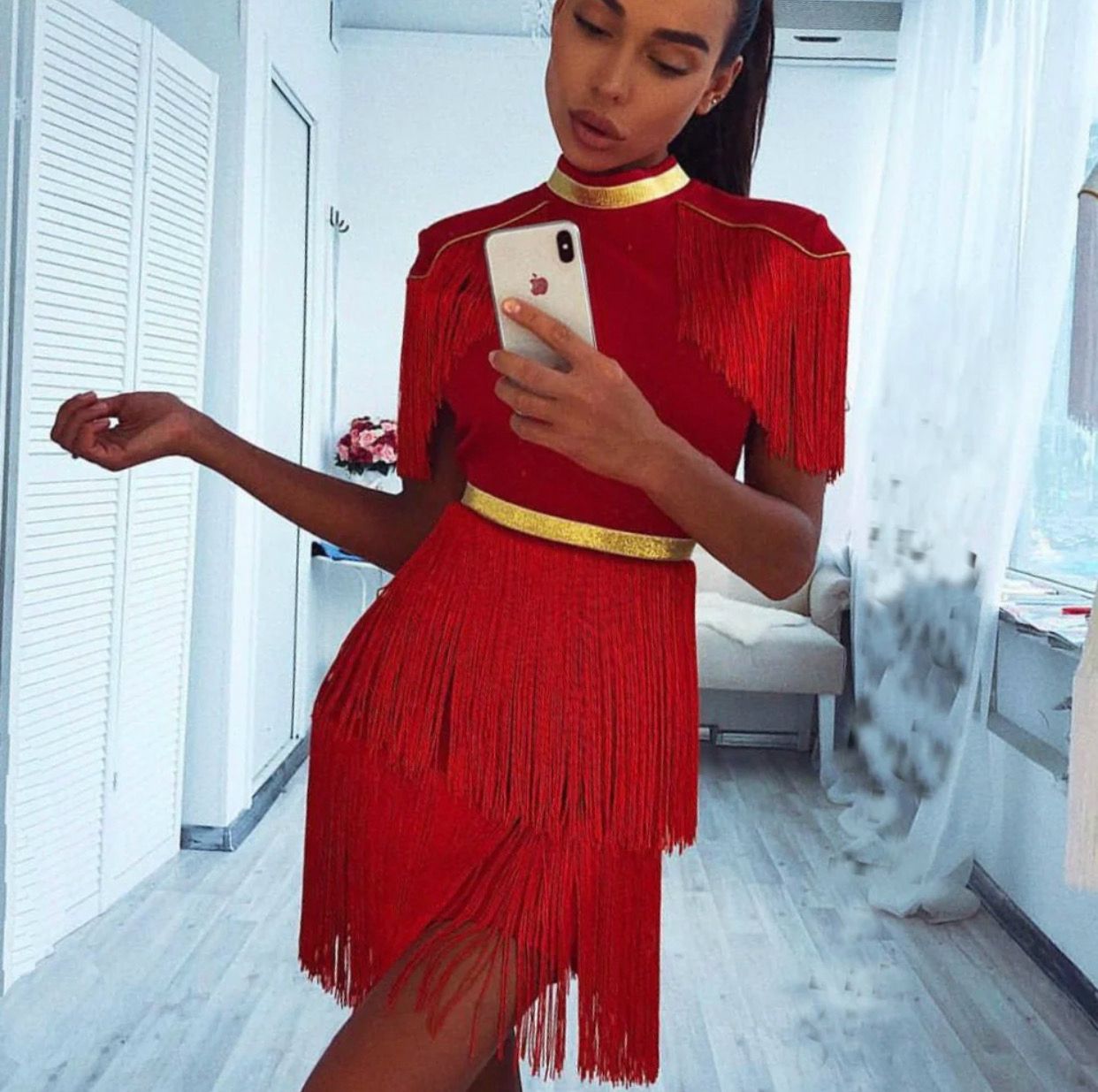 NEXT DAY DELIVERY DAMIANA Red Round Neck Short Sleeve Tassels Bandage Dress