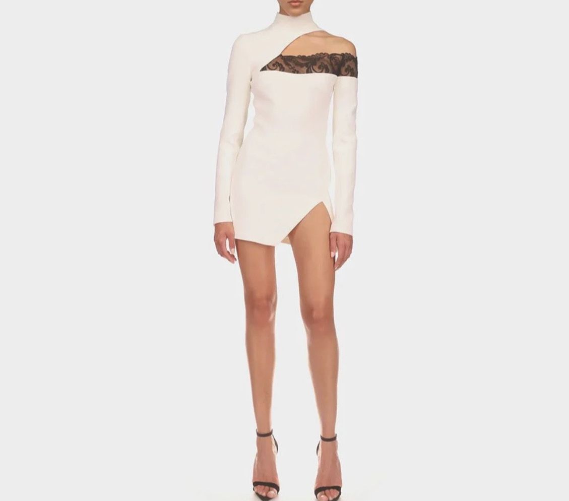 NEXT DAY DELIVERY CALIFORNIA White Cut Out Lace Mini Long Sleeve High Neck Bandage Dress