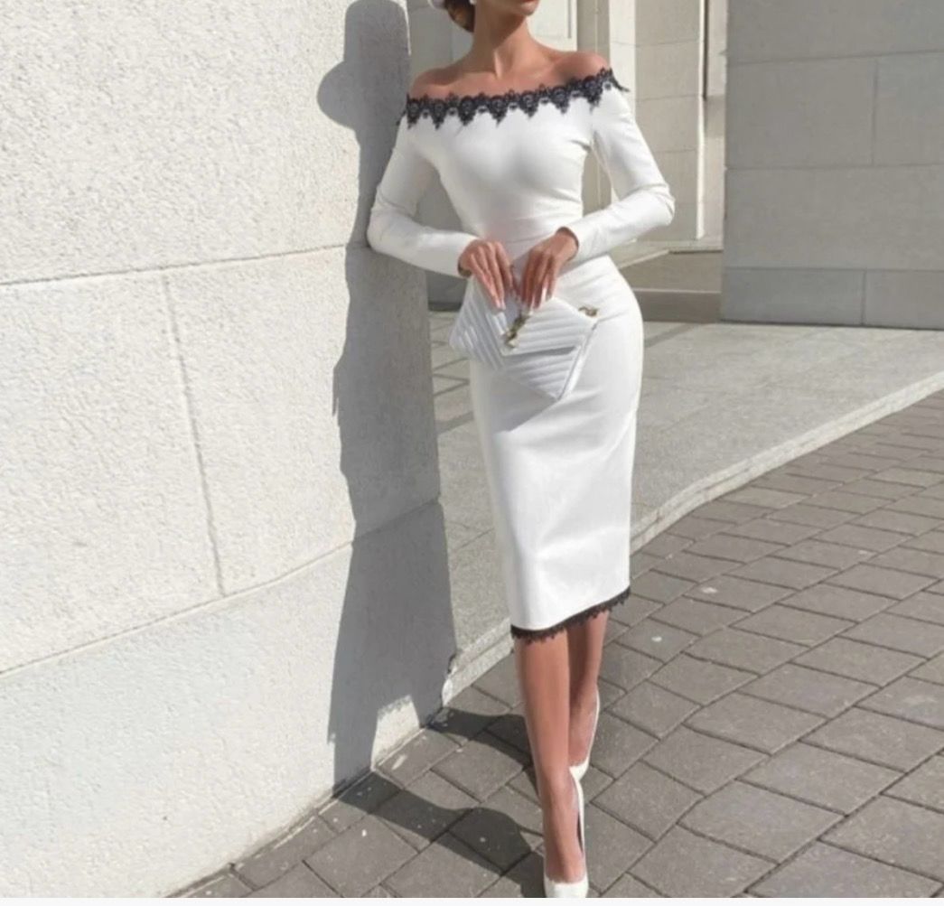NEXT DAY DELIVERY ZABEL Off Shoulder Long Sleeve Lace Midi Bandage Dress