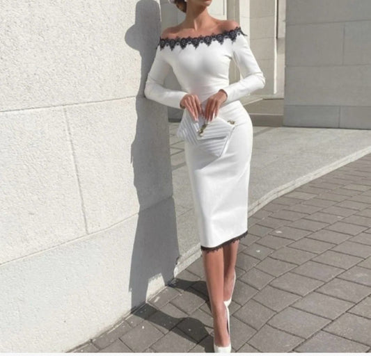 NEXT DAY DELIVERY ZABEL Off Shoulder Long Sleeve Lace Midi Bandage Dress