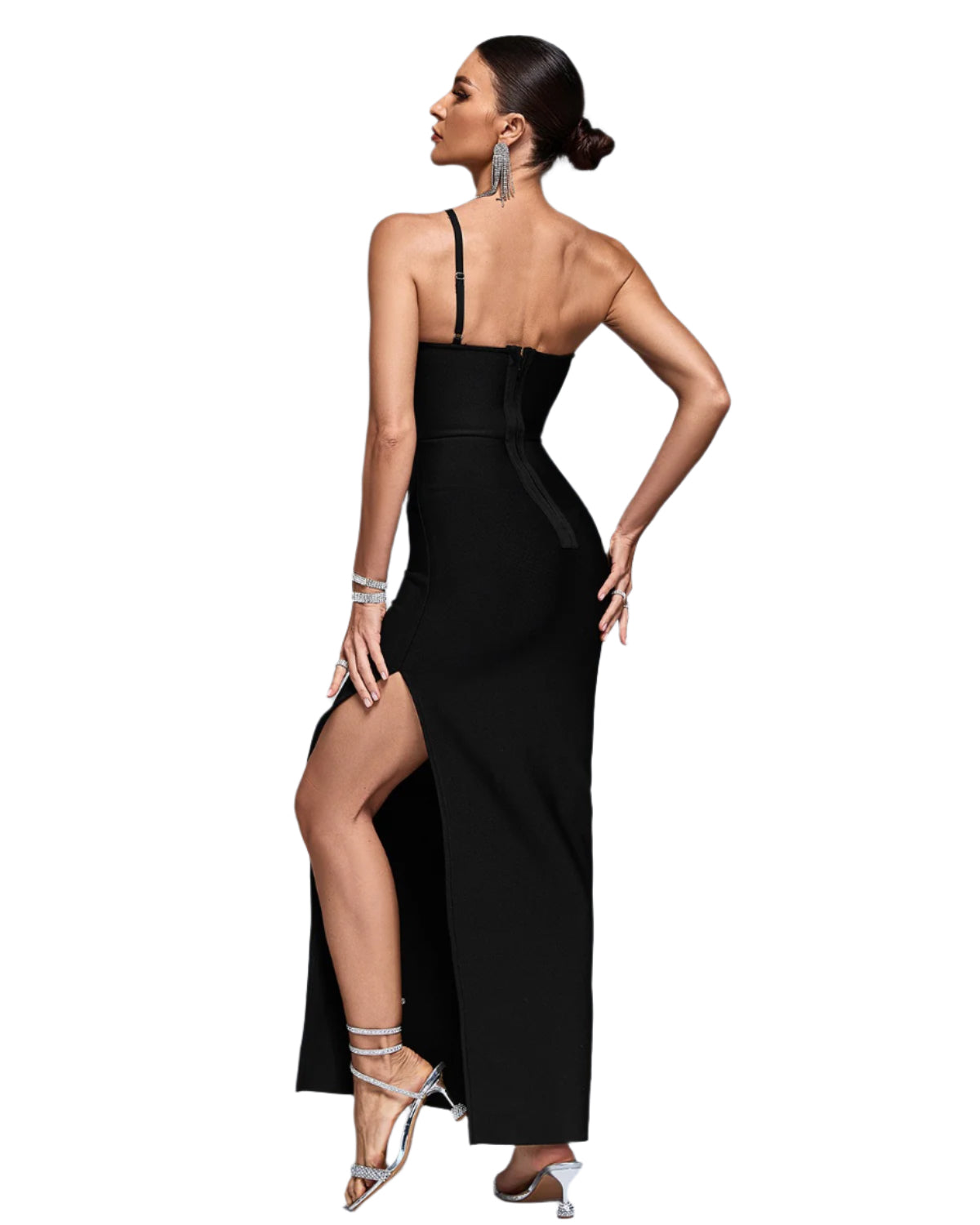 NEHIR Rhinestone Applique Rose Bandage Dress