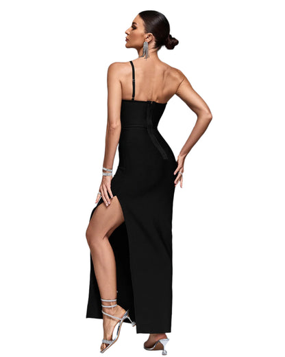 NEHIR Rhinestone Applique Rose Bandage Dress