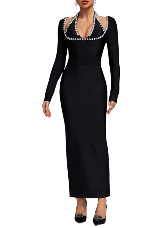 ZEYNEP Halter Neck Crystal-Embellished Bandage Maxi Dress