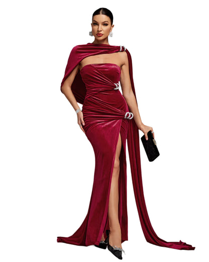 ELIF Asymmetrical Shawl Velvet Maxi Gown