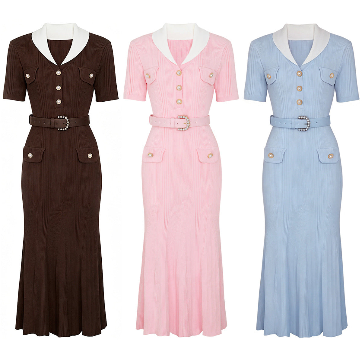 DESI Knit Belted Contrast Collar Maxi Dress with Gold Buttons