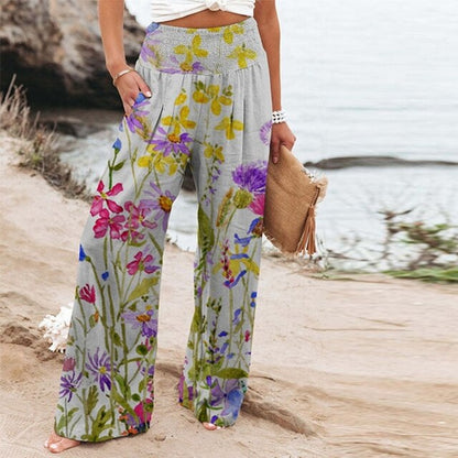 Garlie | Women's Floral Wide Leg Pants High Waist Casual Summer