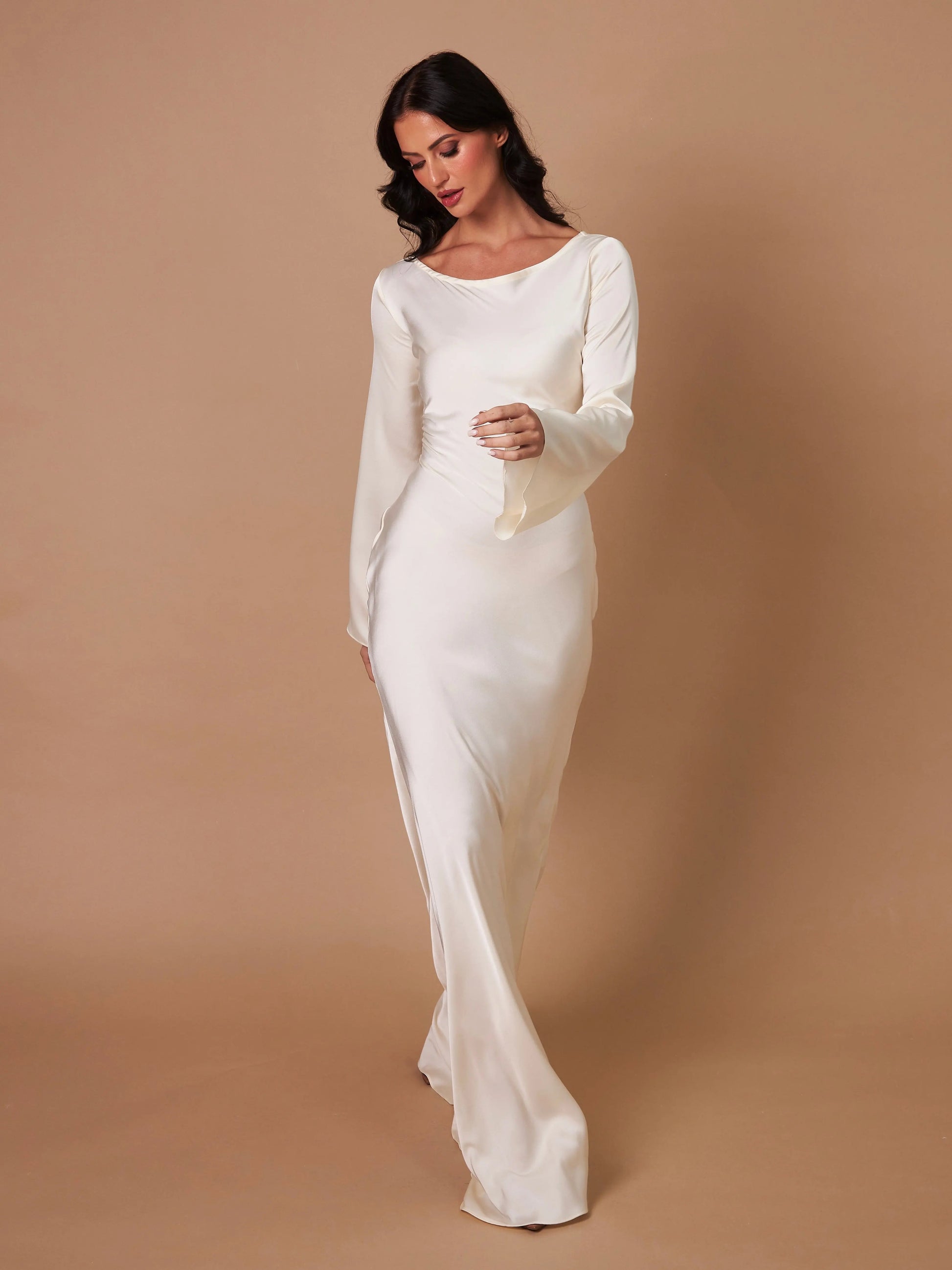 Serena | Women's Satin Long Sleeve Maxi Dress Formal Gown