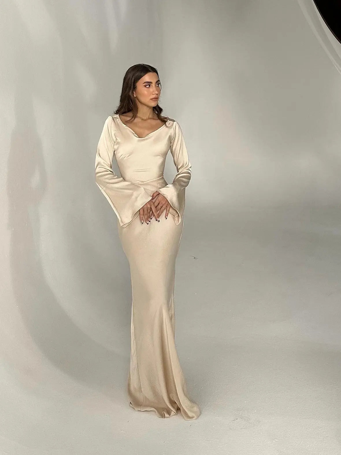 Serena | Women's Satin Long Sleeve Maxi Dress Formal Gown