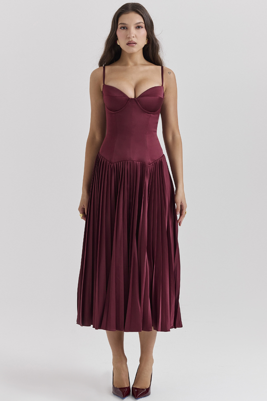 Beau Burgundy Pleated Midi Dress Burgundy
