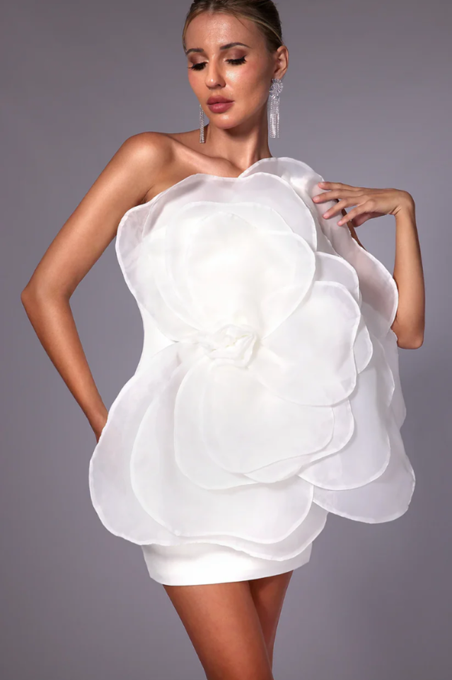 Carina One Shoulder 3D Floral Dress White