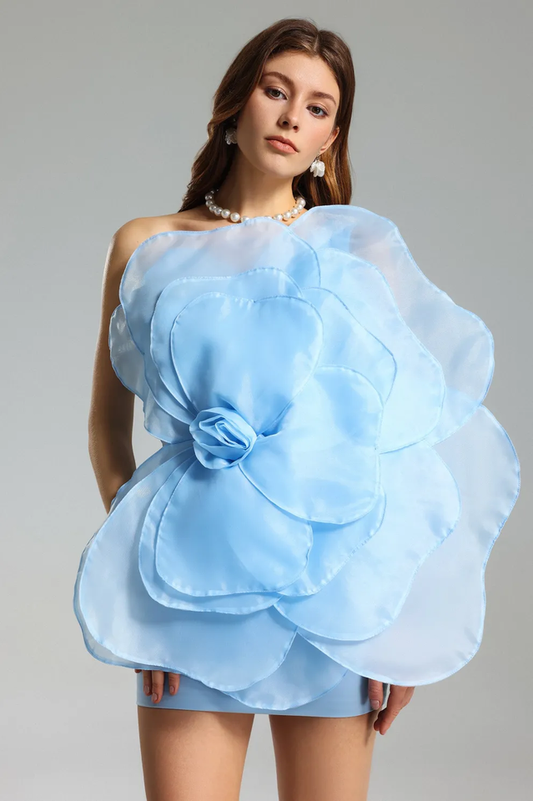 Carina One Shoulder 3D Floral Dress Blue