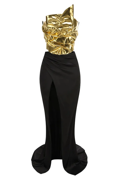 Zisel Ruched Split Satin Skirt Set