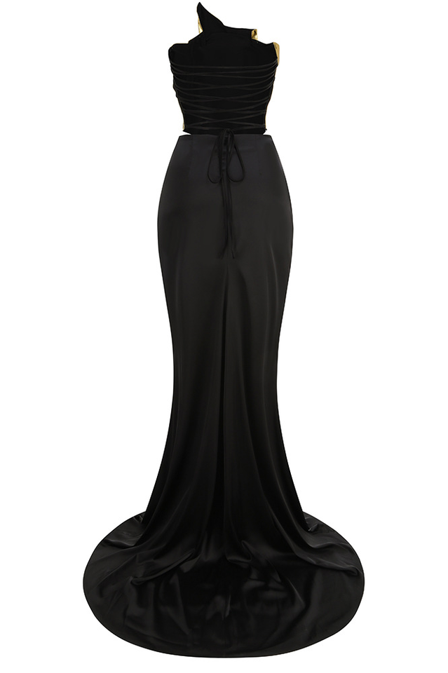 Zisel Ruched Split Satin Skirt Set