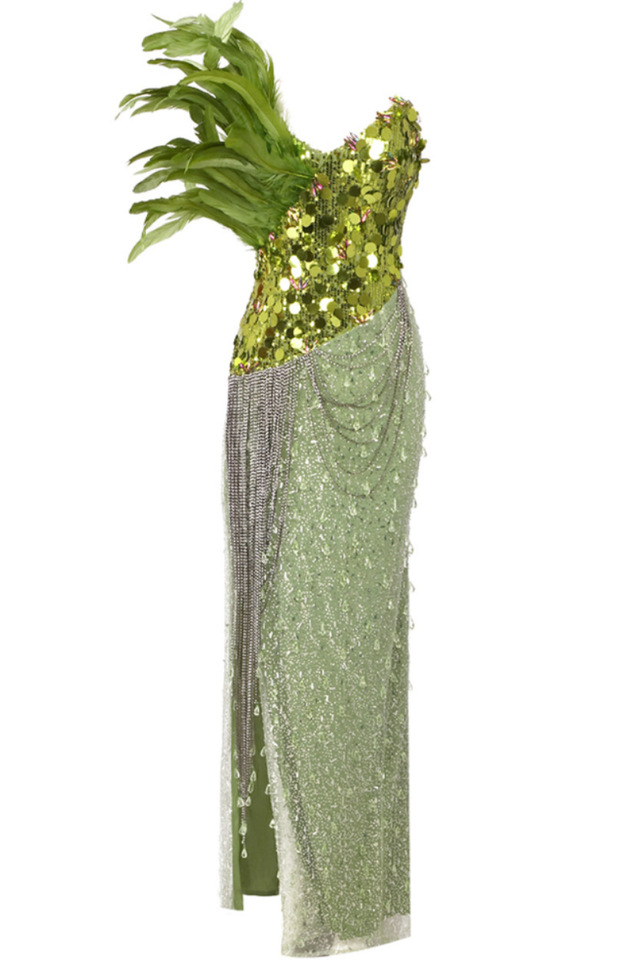 Qorow Feather Trimmed Crystal Chain Fringe Dress
