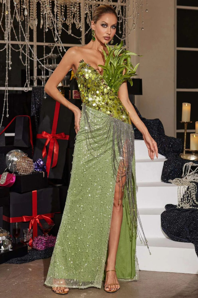 Qorow Feather Trimmed Crystal Chain Fringe Dress