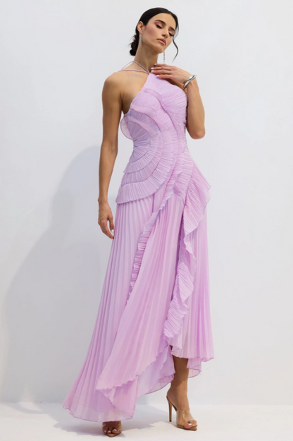 Nina Asymmetry Pleated Halterneck Midi Dress