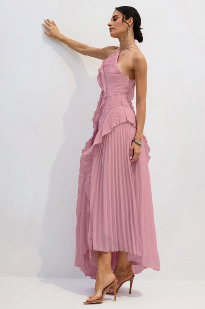 Nina Asymmetry Pleated Halterneck Midi Dress
