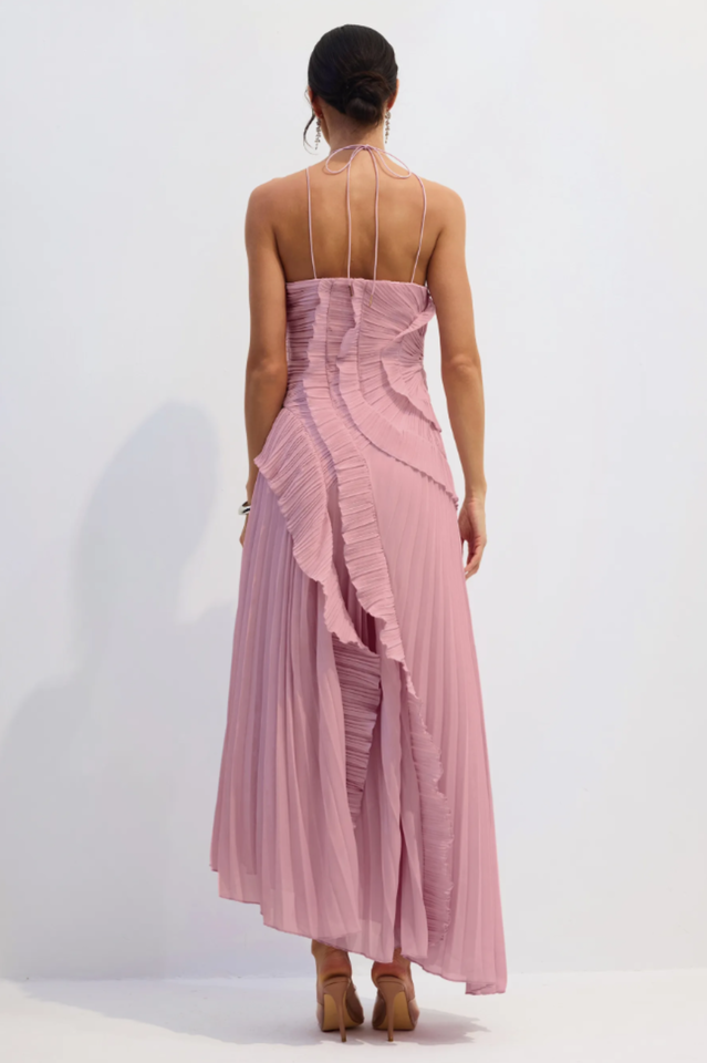 Nina Asymmetry Pleated Halterneck Midi Dress