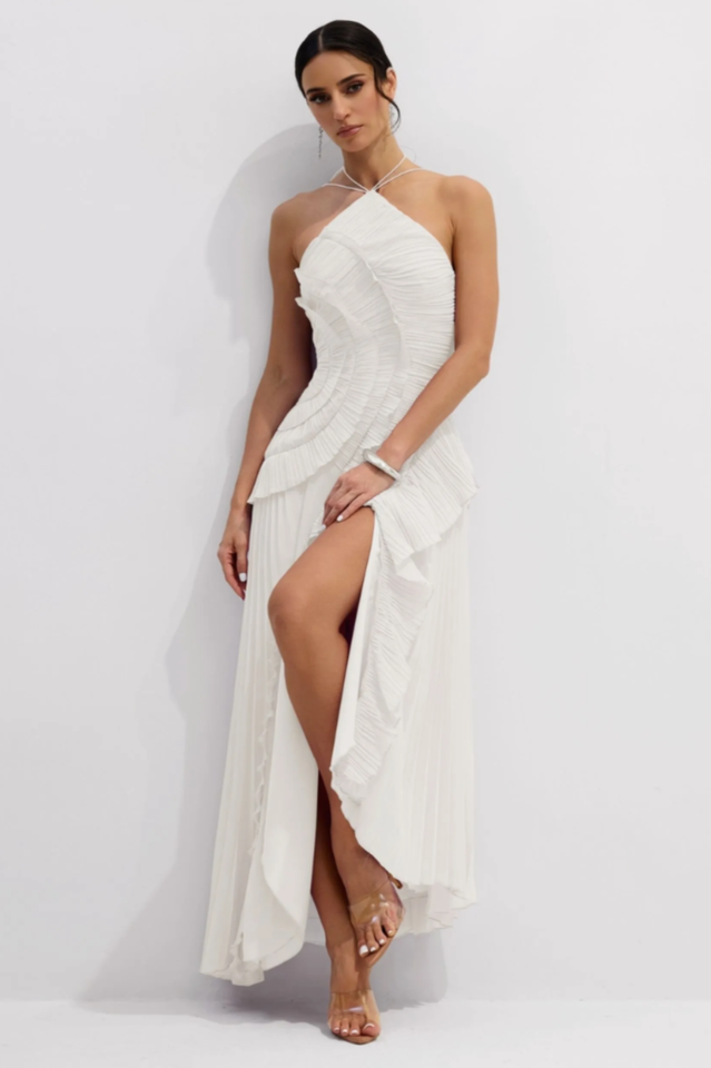 Nina Asymmetry Pleated Halterneck Midi Dress
