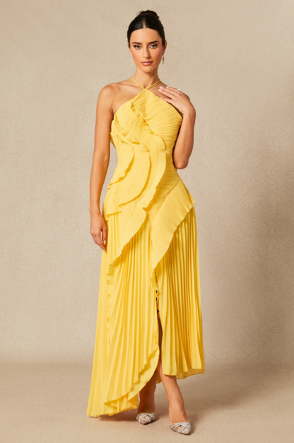 Nina Asymmetry Pleated Halterneck Midi Dress