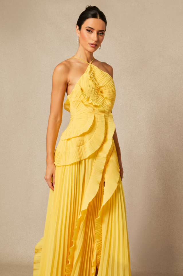 Nina Asymmetry Pleated Halterneck Midi Dress