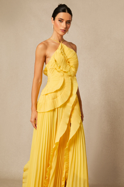 Nina Asymmetry Pleated Halterneck Midi Dress