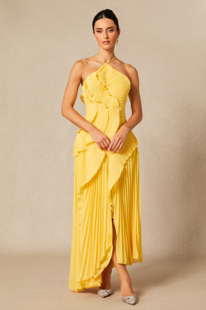 Nina Asymmetry Pleated Halterneck Midi Dress