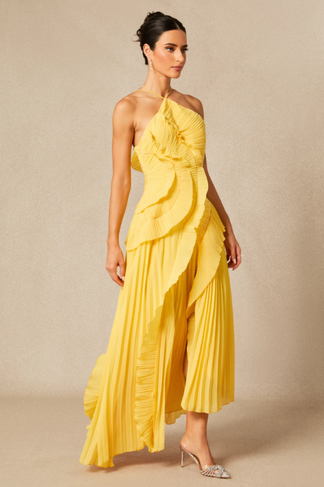 Nina Asymmetry Pleated Halterneck Midi Dress