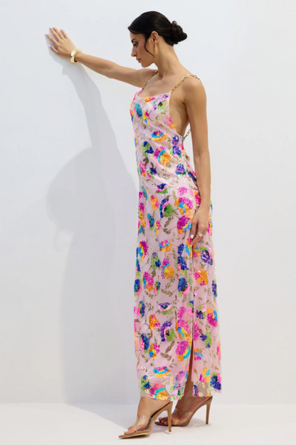 Fanny Embroidered Sequins Backless Maxi Dress