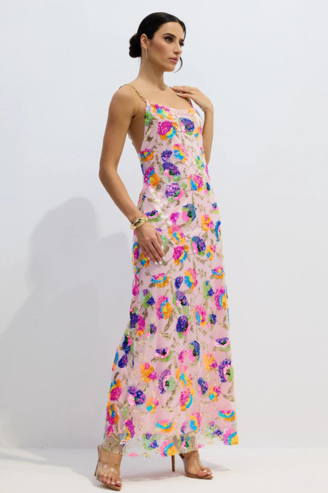 Fanny Embroidered Sequins Backless Maxi Dress