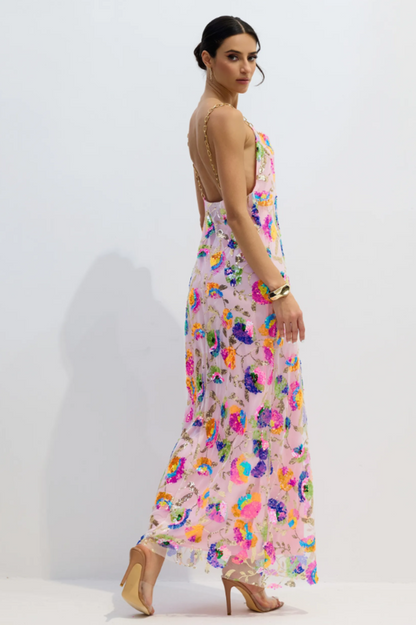 Fanny Embroidered Sequins Backless Maxi Dress