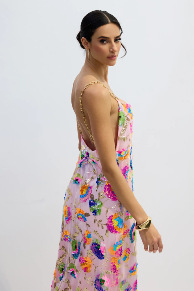 Fanny Embroidered Sequins Backless Maxi Dress