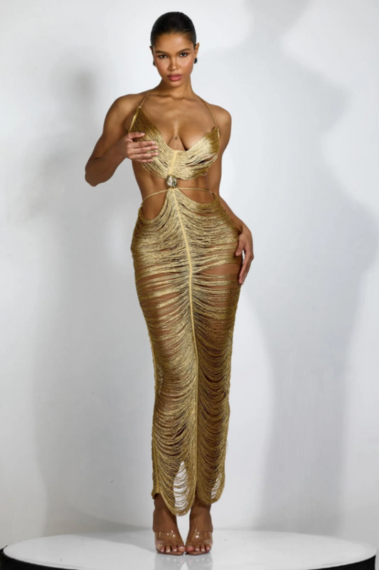 Edna Plunge Neck Fringe Maxi Dress